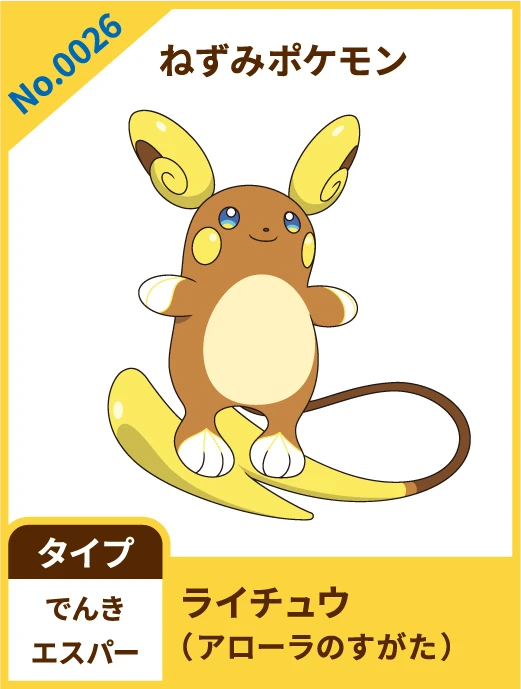 No.0026 ねずみポケモン ライチュウ（アローラのすがた） タイプ でんき エスパー